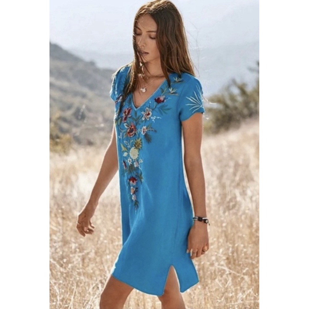 Johnny Was Nohea Linen Top Size S Turquoise Embroidered